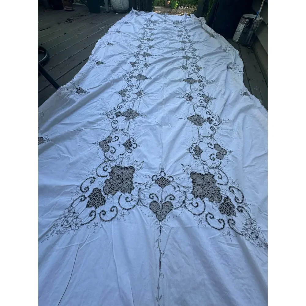 Vintage Tablecloth Embroidered 140x60” gray off white Scalloped Edge cutout